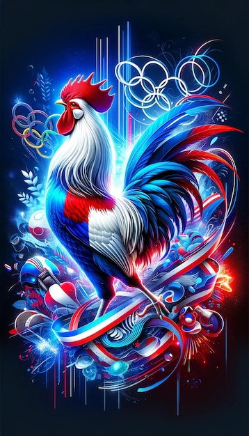 Photo patriotic rooster with abstract neon swirls