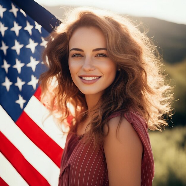 Photo patriotic smile girl stands in front of an american flag happy memorial day background ai generated