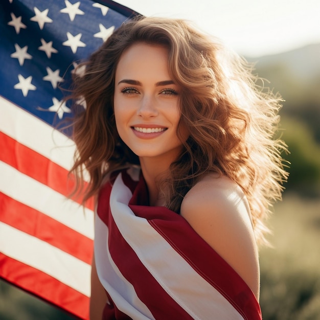 Photo patriotic smile girl stands in front of an american flag happy memorial day background ai generated