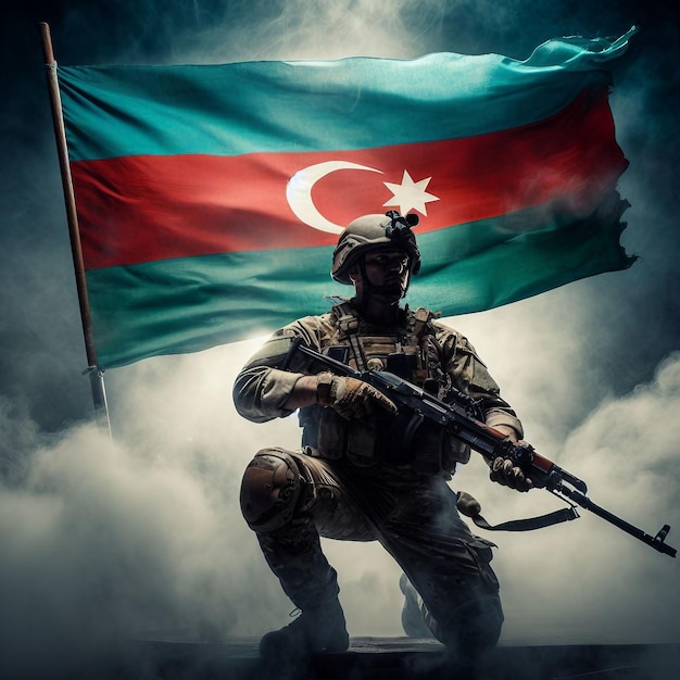 Patriotic Soldier Holding a Azerbaijani Flag in Honor of His Country's Bravery and Sacrifice