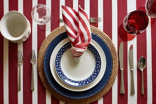 Patriotic table setting with American flag Independence Day View from above Generative AI