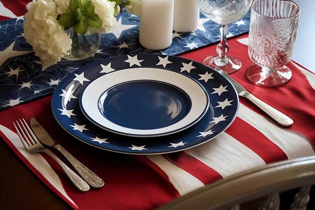 Patriotic table setting with empty plate and decoration in usa national flag colors independence day