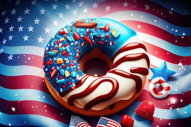 写真 木のテーブルの旗の上に愛国心が強いアメリカのカップケーキ ジェネレーティブ ai