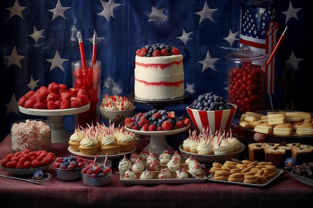 A patrioticthemed dessert table with american theme