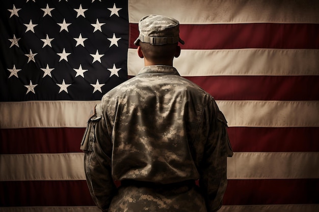 Patriottische Amerikaanse soldaat die de vlag salueert met bewonderenswaardige toewijding en vastberadenheid