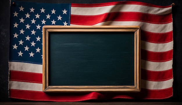 Patriottische Amerikaanse vlag en schoolbord op vintage houten achtergrond Perfect voor onafhankelijkheidsdag a