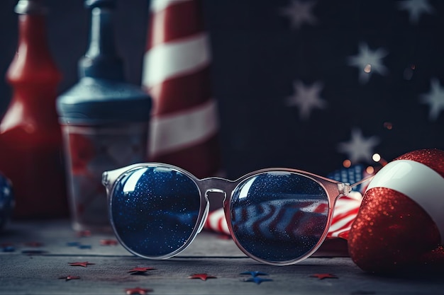 Patriottische ansichtkaart met zonnebril en een decor in de kleuren van de Amerikaanse onafhankelijkheidsdag