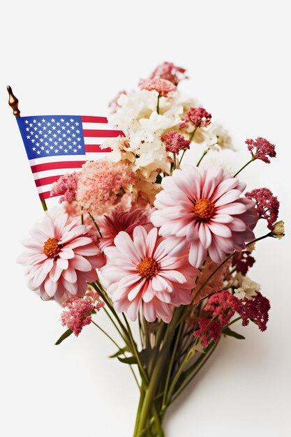 Patriottische bloemen Levendige Amerikaanse vlag kleur bloemen op een witte achtergrond met kopie ruimte