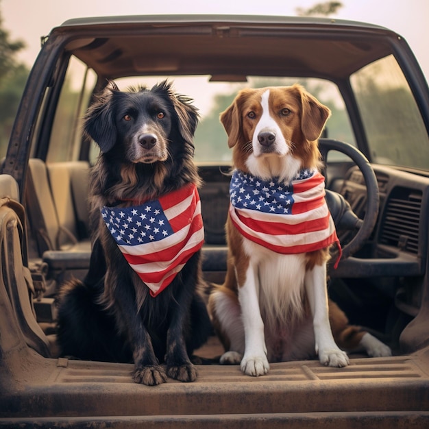 Patriottische huisdieren met een Amerikaanse vlag in hun poten.
