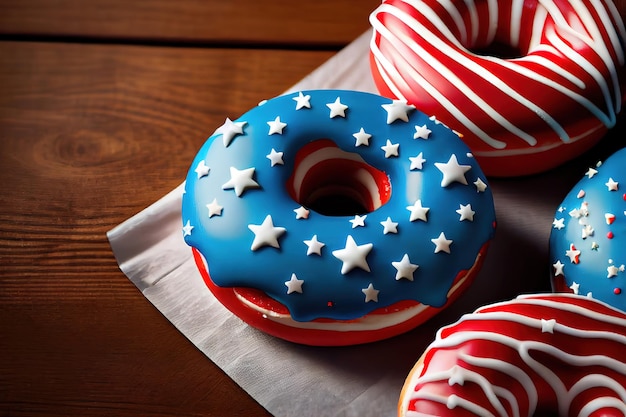 Patriottische usa cupcakes over vlaggen op houten tafel Generatieve Ai