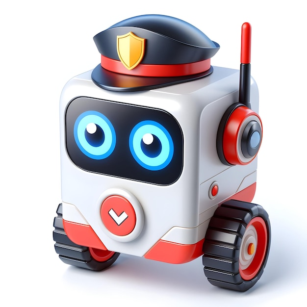 Patrol Bot concept as Automated Defender Against Intruders with white background and isolated cute c