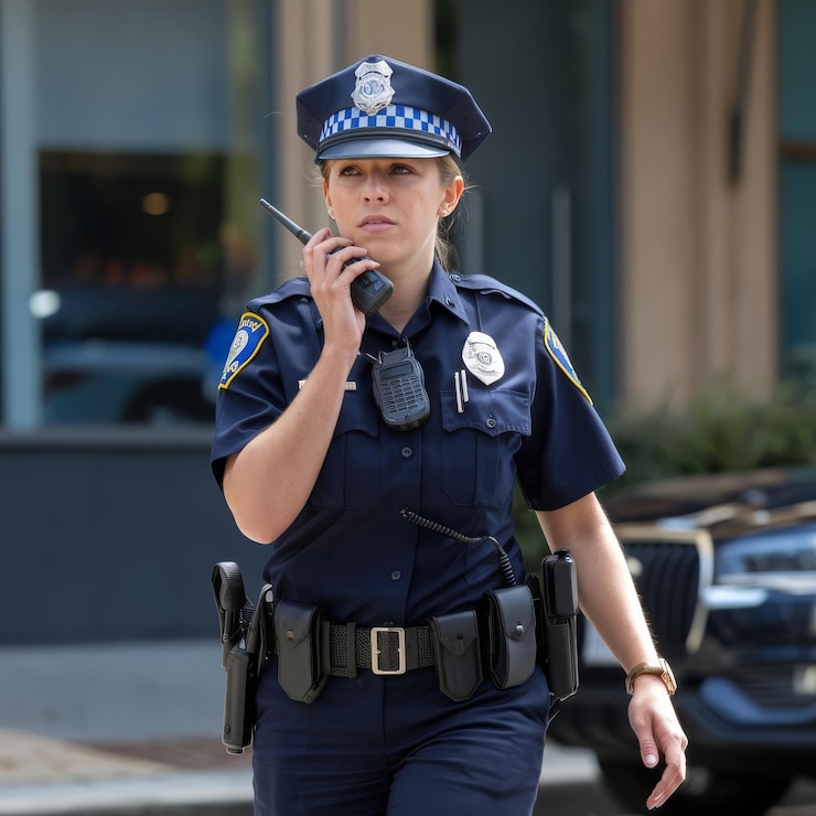 Photo ウォッキー・トーキーに話すパトロール・サービスの女性警察官