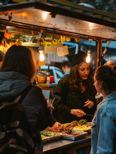 写真 忙しい夜の市場の食堂でお気に入りの料理を選んでいるお客様