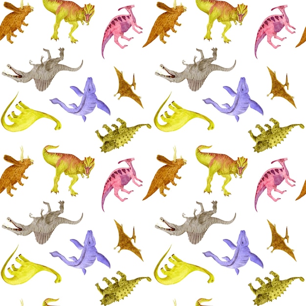Foto patroon met aquarel dinosaurussen op wit naadloze kinderen illustratie voor textielbehang