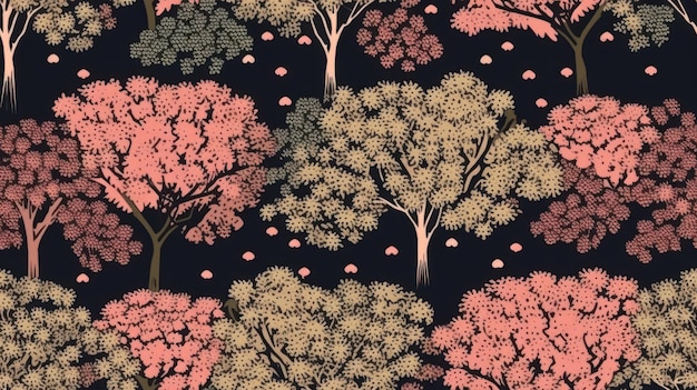 patroon met bomen met roze bloemen