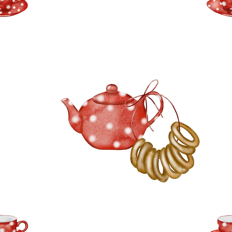 Foto patroon met een theepot en bekers naadloos patroon met bagels teepot en rode bekers met witte polka
