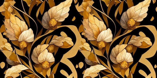 Patroon met illustratie van witte bloemen en bladgoud op donkere achtergrond. Art Nouveau. Elegant.