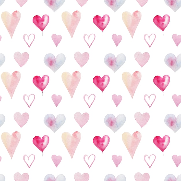 patroon met waterverf harten met de hand getekende illustratie voor valentijnsdag ansichtkaart voor valentijnsdag beeld van liefdessymbolen getekend in waterverf in roze rode en blauwe tonen