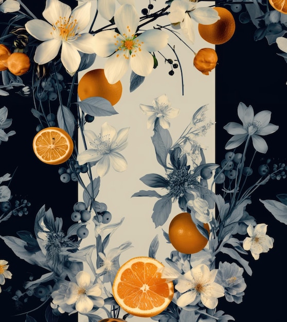 Patroon schilderij met zwarte en witte bloemen achtergrond en stukjes sinaasappel citroen