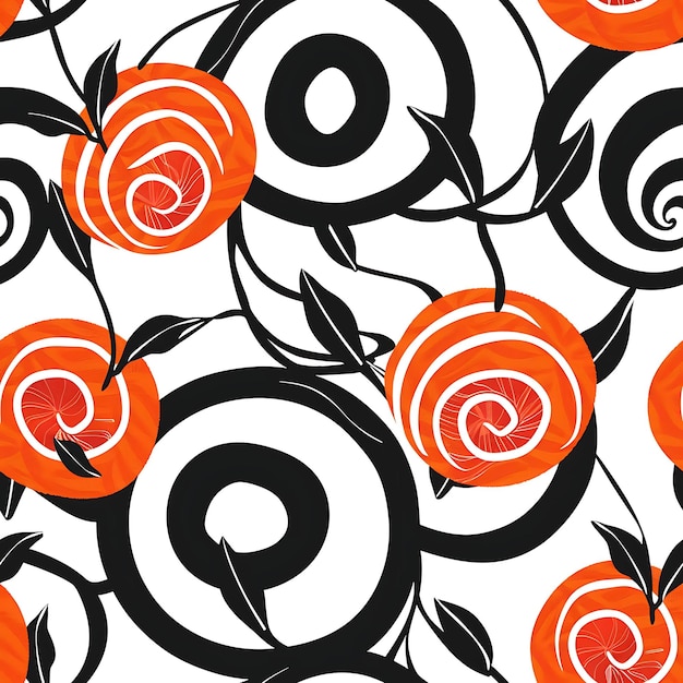 Patroon Tangerine met bladige stengel en grillig ontwerp met spiraalvormige P tegels naadloze kunst tatoeage inkt