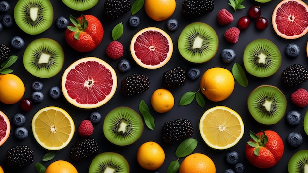 Patroon van fruit en bessen op een donkergrijze achtergrond Plat ontwerp Vers fruit