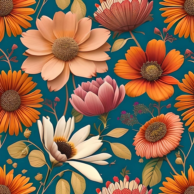 Patroon van mooie bloemen vintage stijl Mooie bloemen op een kleurrijke achtergrond Generatieve AI