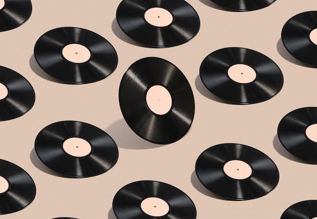 Patroon van vinylplaten. Een verhoogd in het midden. Samenstelling muzikale stemming, creativiteit en retro disco's.