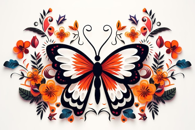 Patroonontwerp met behulp van kleurrijke vlinder en bloemen en bladeren Pet Animals Illustratie Generatieve AI
