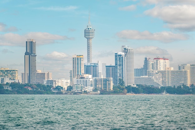 Pattaya City view from sea of building city and bay with ships Panorama aerial view of Pattaya city in Thailand wide image