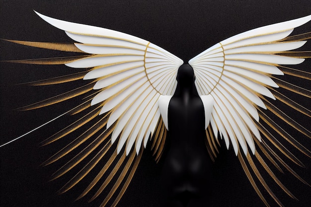 pattern of angel wings on a black background. 3D work of art. 3d rendering. Raster illustration.