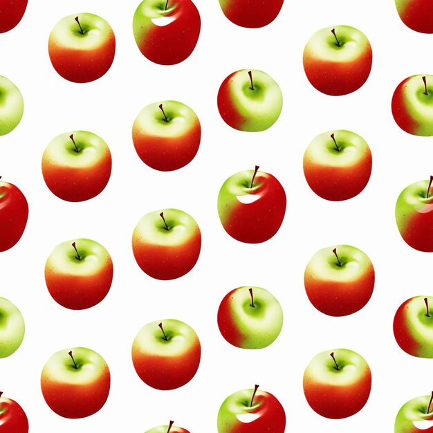 A pattern of apples with a green apple on the top.