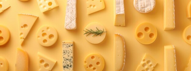 노란색 배경에 있는 다양한 치즈의 패턴 다양한 종류의 맛있는 치즈 Suluguni w