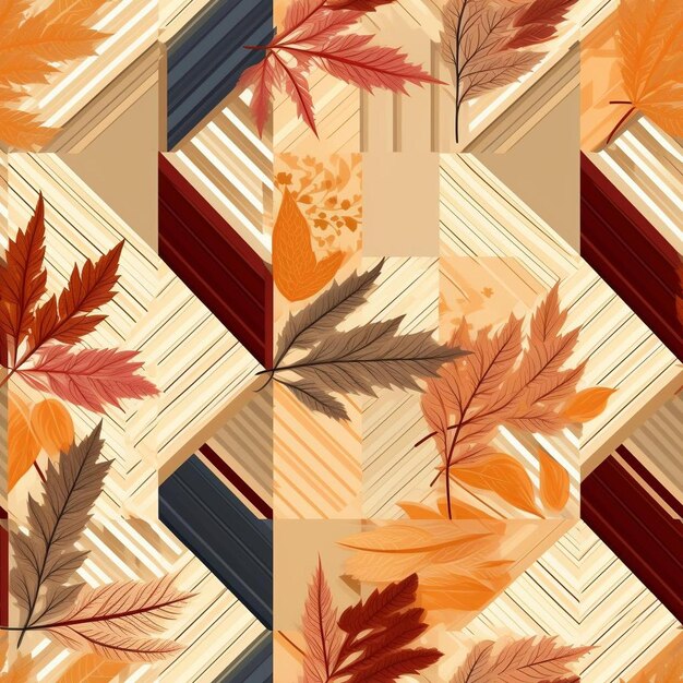 Photo a pattern of autumn leaves on a striped rug.