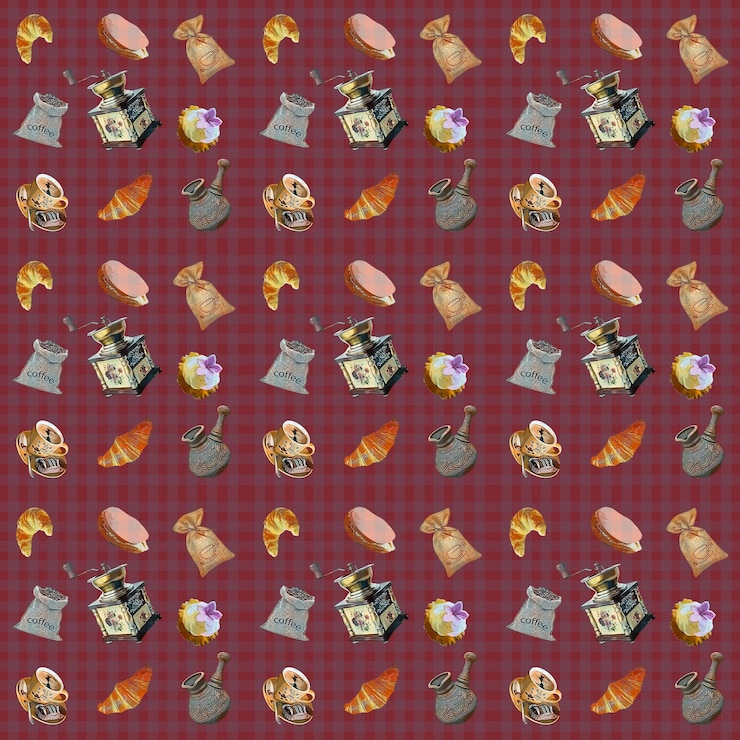 Photo pattern background with a cup of coffee a sandwich a croissant coffee a coffee grinder a cake a seamless texture for kitchen designers seamless wallpaper on a coffee theme