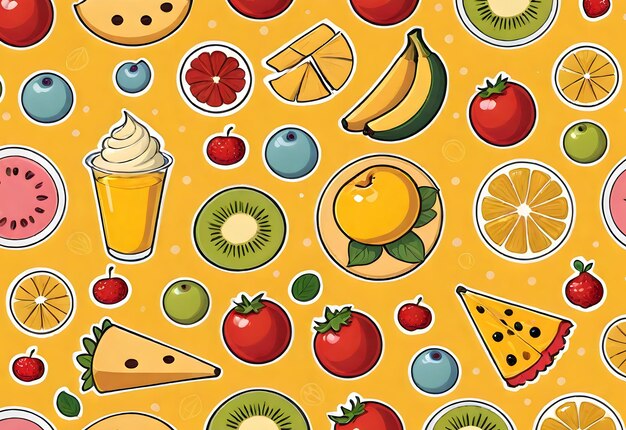 Photo pattern background with organic fruits and objects designed in cartoon style