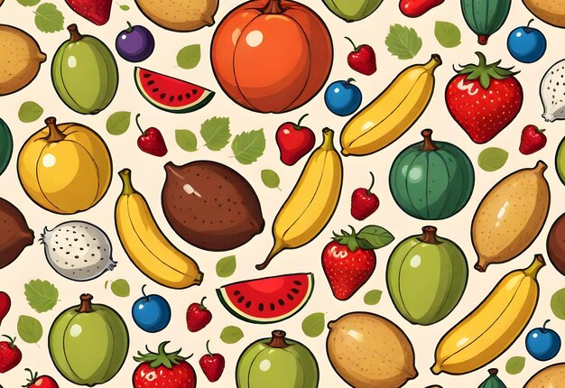 Photo pattern background with organic fruits and objects designed in cartoon style