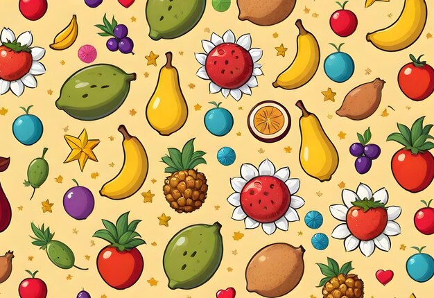 Photo pattern background with organic fruits and objects designed in cartoon style