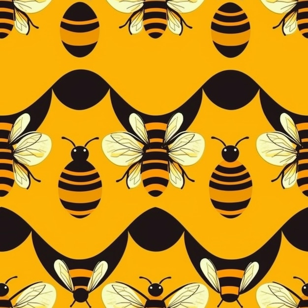 A pattern of bees with black and yellow stripes on a yellow background generative ai
