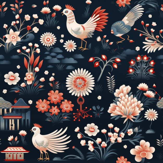 Pattern of Birds and Flowers on a Dark Background