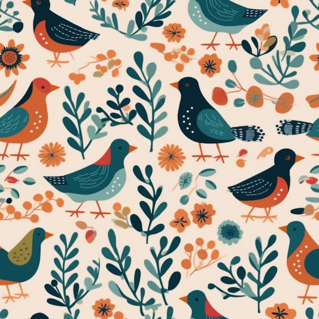 A pattern of birds and flowers on a white background generative ai