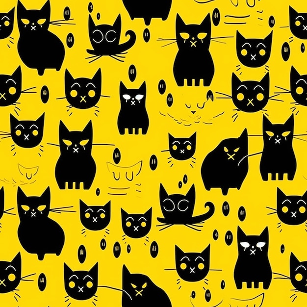 Pattern black cat on yellow background