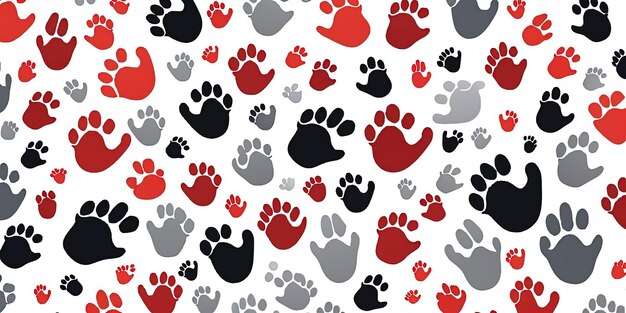 a pattern of black and red paw prints with hearts on a white background