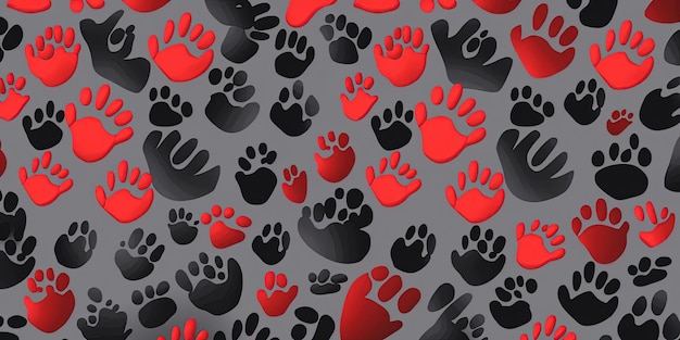 Photo a pattern of black and red paw prints with hearts on a white background