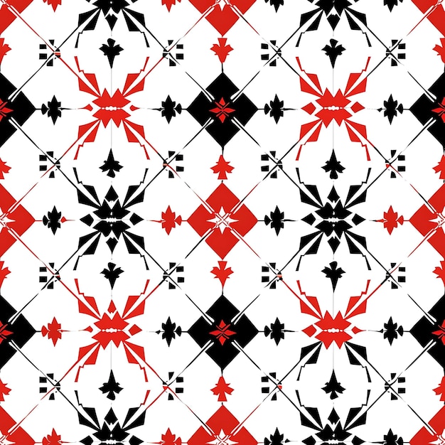 a pattern of black and white flowers on a red background