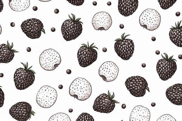 a pattern of black and white strawberries with a pattern of dots and dots