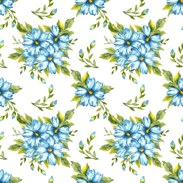 Pattern blue flowers flax watercolor