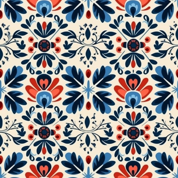 A pattern of blue and red flowers on a white background generative ai