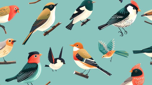 Photo a pattern of brightly colored birds with a teal blue background