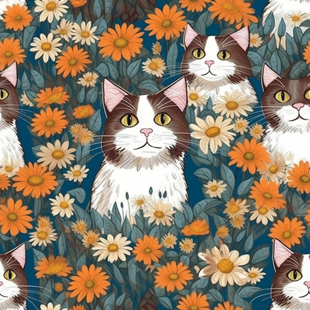 A pattern of cats in flowers that say'cats '