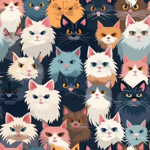 A pattern of cats with different colors on a dark background.